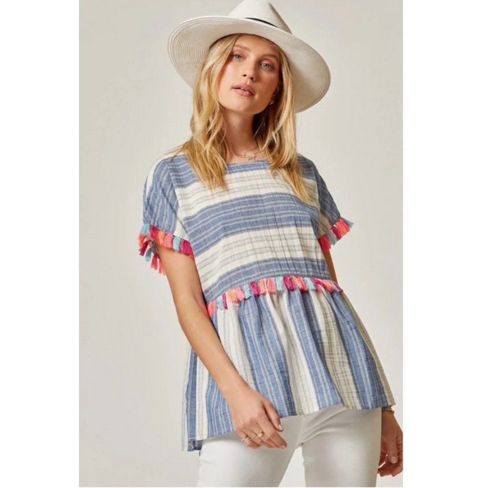 Andree by Unit Sz. S Stripe & Tassel Baby Doll Top Boho